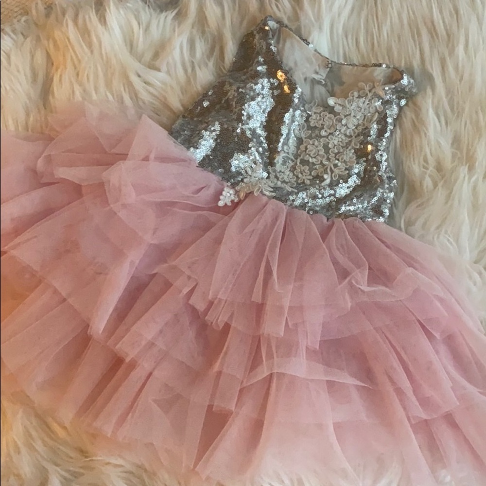 Pink Tutu silver sequined dress with lace Appliqué